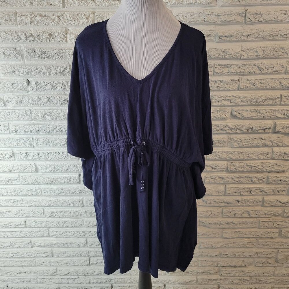 Swim 365 Women 1X Plus Blue Swim Cover Up Batwing Drawstring Dress BLU152E